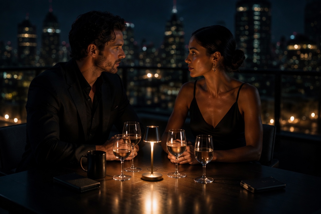 Intimate evening conversation, city lights