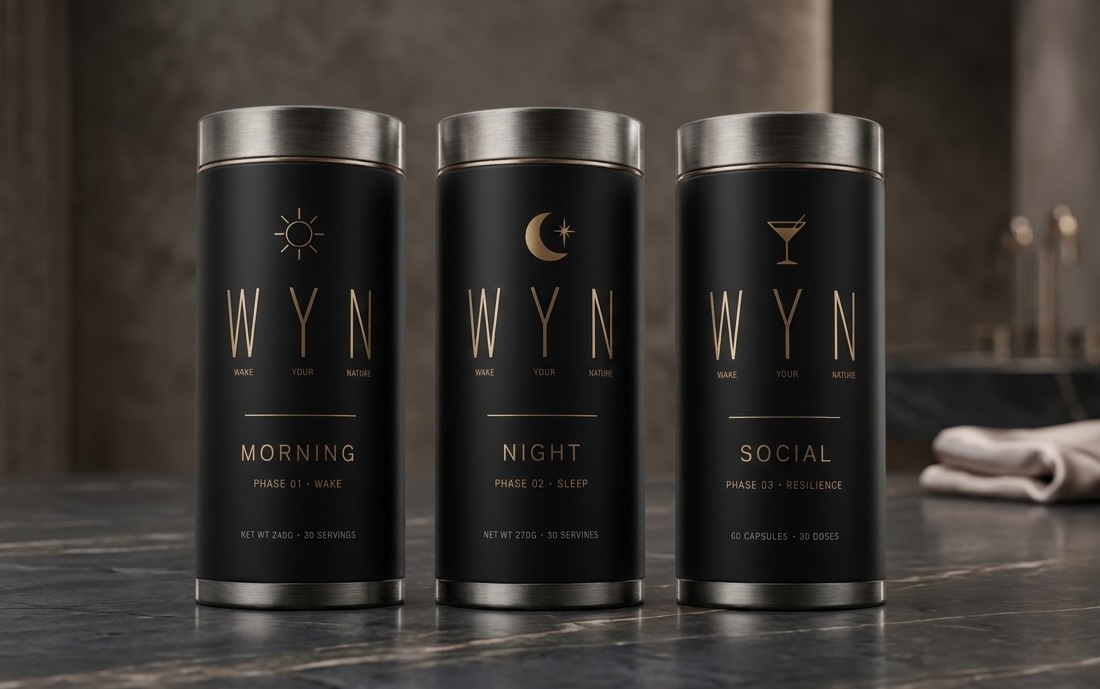 WYN Morning, WYN Night, WYN Social — three black tins with gold detailing on a marble surface